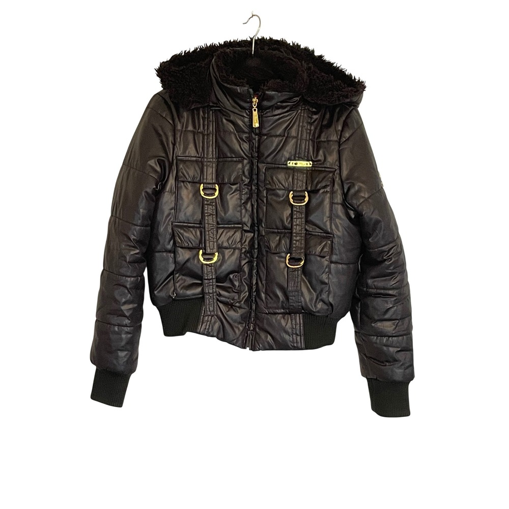 Apple Bottoms Black Puffer Jacket Women L Faux Fur Hood Gold Hardware Y2K Bomber